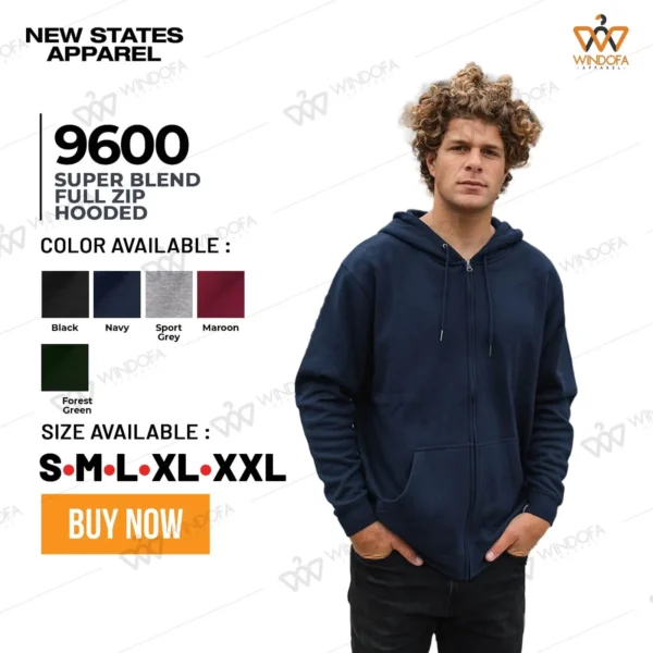 New States Apparel 9600 Super Blend Zip Hooded Sweatshirt Solid