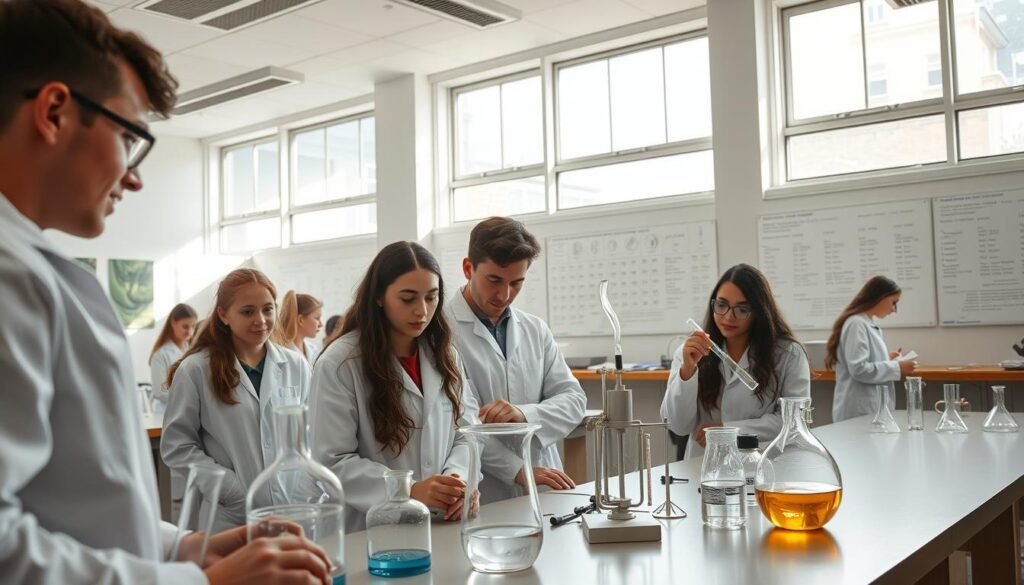 A bright, airy chemistry lab with large windows illuminating a group of high school students carefully conducting a chemical experiment. The foreground shows students in white lab coats observing the reaction, their faces filled with curiosity and excitement. The middle ground showcases the experimental apparatus - beakers, test tubes, and Bunsen burners - as the students measure and record their observations. In the background, periodic tables and diagrams line the walls, creating an atmosphere of scientific exploration. The lighting is soft and natural, capturing the focused concentration of the students as they learn through hands-on demonstration.