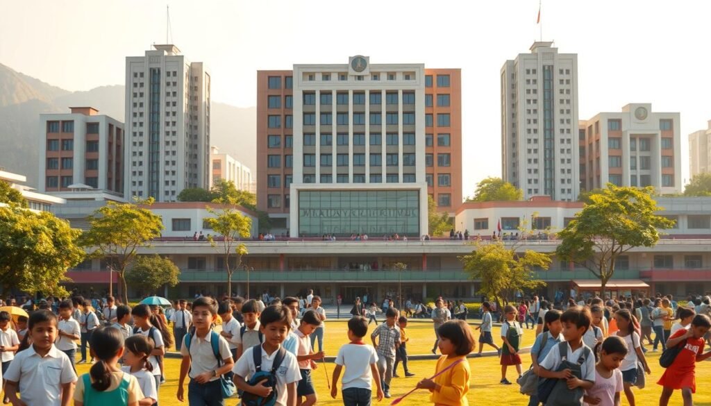 A bustling school campus set against a backdrop of towering government buildings, symbolizing the interplay between education and governance. In the foreground, students of diverse backgrounds engaged in lively activities, representing the inclusive nature of the compulsory education system. The mid-ground features a well-equipped school facility, with modern classrooms and a well-maintained playground, all bathed in warm, natural lighting that evokes a sense of progress and opportunity. The background showcases the façade of a stately government office, suggesting the pivotal role played by the authorities in shaping and supporting the nation's foundational education.