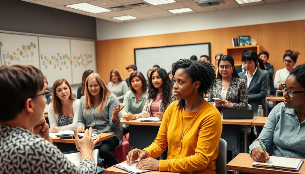 A classroom filled with professional educators, engaged in a dynamic training session. The foreground features a confident teacher leading the discussion, their gestures and expressions conveying a deep understanding of the subject matter. The middle ground showcases a diverse group of attentive teachers, taking notes and actively participating, their faces reflecting a genuine enthusiasm for learning. The background depicts a well-equipped classroom, with modern teaching aids and a sense of intellectual vitality. Warm, natural lighting fills the space, creating a welcoming and inspirational atmosphere that underscores the importance of elevating the teaching profession.