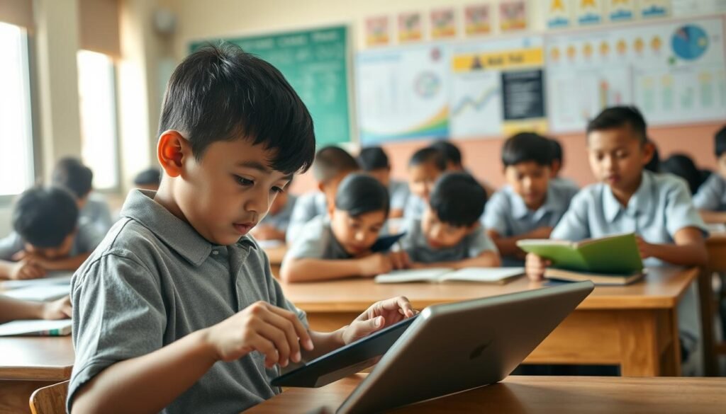 A classroom filled with students diligently learning mathematics. In the foreground, a young boy intently solving a problem on his tablet, his face furrowed in concentration. Around him, his classmates work together in small groups, using textbooks and whiteboards to explore mathematical concepts. The middle ground shows the teacher, a kind and patient figure, guiding the students with a gentle smile. Soft, natural lighting floods the room, creating a warm, nurturing atmosphere conducive to learning. The background features educational posters and charts, reinforcing the academic focus of the scene. An image that captures the essence of "Implikasi untuk Pembelajaran Matematika" - a classroom where students engage actively with mathematics, supported by their teacher and a stimulating learning environment.