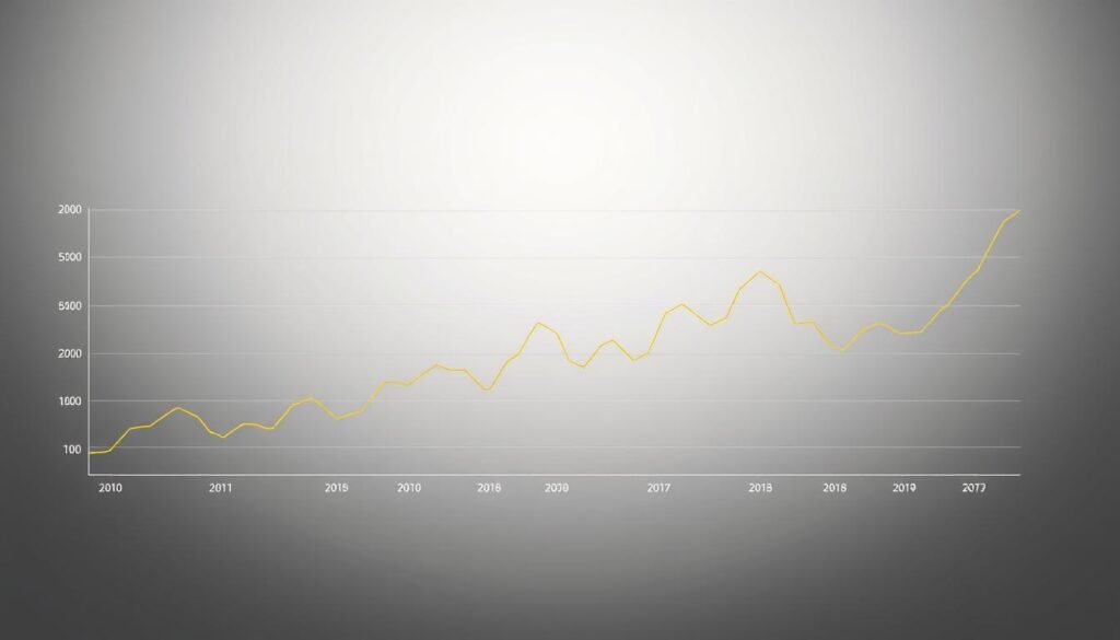 A detailed line graph depicting the global gold price movements over time, with a clean and minimalist design. The chart should feature smooth, precise lines tracing the fluctuations in gold prices, rendered in shades of yellow, gold, and subtle grays against a neutral background. The graph should convey a sense of professionalism and authority, allowing the viewer to easily interpret the data and discern trends. Crisp, high-resolution rendering with natural lighting and a slight depth-of-field effect to draw the eye towards the central chart. An informative, data-driven visualization that supports the analysis of global gold price dynamics.