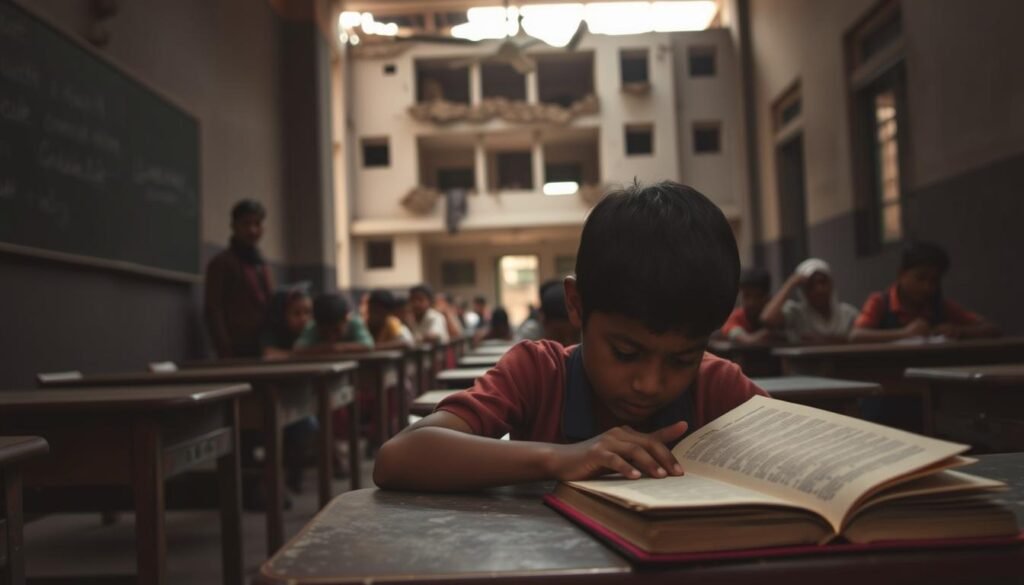 A dimly lit classroom with desks arranged in rows, the chalkboard at the front barely visible through the hazy light. In the foreground, a young student sits hunched over a worn textbook, their face etched with worry. The middle ground reveals a group of students, some engaged in learning, others distracted and disinterested. In the background, a dilapidated building looms, a stark contrast to the ideals of a free and accessible education. The scene conveys the challenges of providing quality education in resource-constrained environments, a somber commentary on the barriers to realizing the dream of universal free education.
