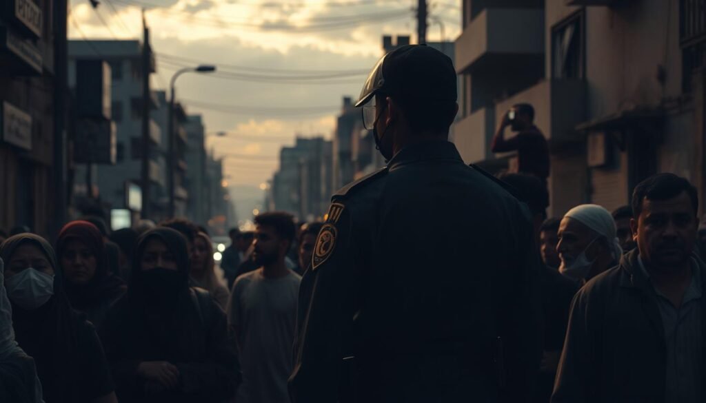 A dimly lit street scene in a Middle Eastern city, with a sense of unease and tension in the air. In the foreground, a group of people gathered, some with saddened expressions, others with a mixture of fear and resignation. In the middle ground, a police officer stands watch, their uniform and stance conveying a sense of authority. In the background, the silhouettes of buildings and a cloudy sky, hinting at the broader societal context. The lighting is a mix of warm and cool tones, creating a somber, contemplative atmosphere. The overall composition evokes the complex social and emotional impact of the application of the qisas principle within the Islamic legal framework.