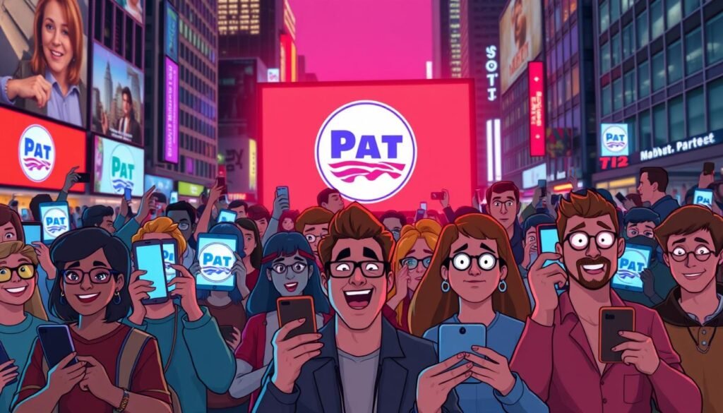 A diverse crowd of stylized digital netizens reacting to a prominent political party logo, displayed on various electronic devices against a busy urban backdrop. The netizens exhibit a range of emotional responses, from excitement and approval to skepticism and criticism, captured in their animated facial expressions and body language. Vibrant, neon-tinged lighting casts an electrified atmosphere, conveying the dynamic, fast-paced nature of online discourse. The scene is composed with a sense of depth, balancing the foreground figures with the detailed cityscape in the background, creating an immersive, visually engaging depiction of public reaction.