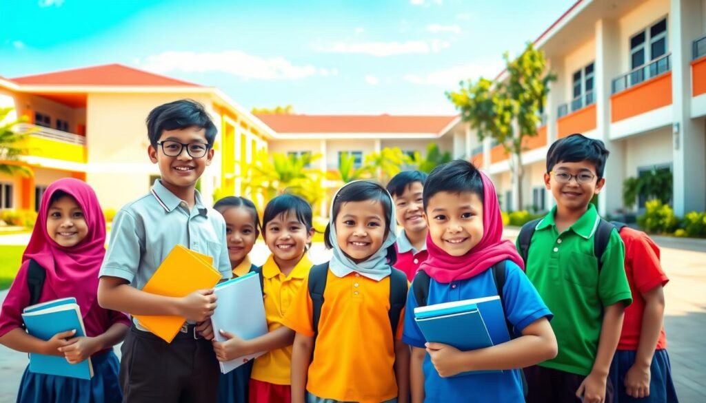 A group of smiling Indonesian students in colorful uniforms, standing proudly against a backdrop of a vibrant, sunlit schoolyard. The foreground features a diverse group of children, some holding notebooks and textbooks, representing the beneficiaries of the PIP (Program Indonesia Pintar) educational assistance program. The middle ground showcases the school's modern architecture, with clean lines and bright accents, suggesting a well-equipped learning environment. In the background, lush greenery and a clear blue sky create a sense of optimism and opportunity, reflecting the positive impact of the PIP program on improving educational access in Indonesia.