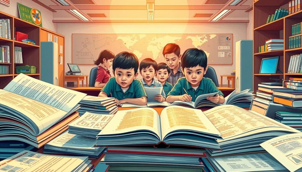 A meticulously designed curriculum, the foundation of Indonesia's primary education system, depicted in a richly detailed illustration. In the foreground, a diverse array of textbooks, worksheets, and learning materials, each element precisely rendered to convey the depth and breadth of the curriculum. In the middle ground, a group of students of varying ages, engaged in collaborative learning activities, their expressions of curiosity and focus captured in realistic detail. The background showcases a modern, well-equipped classroom, with state-of-the-art teaching tools and technology, all bathed in warm, natural lighting that lends an air of scholarly ambiance. The overall scene exudes a sense of academic rigor, innovation, and a unwavering commitment to educational excellence.