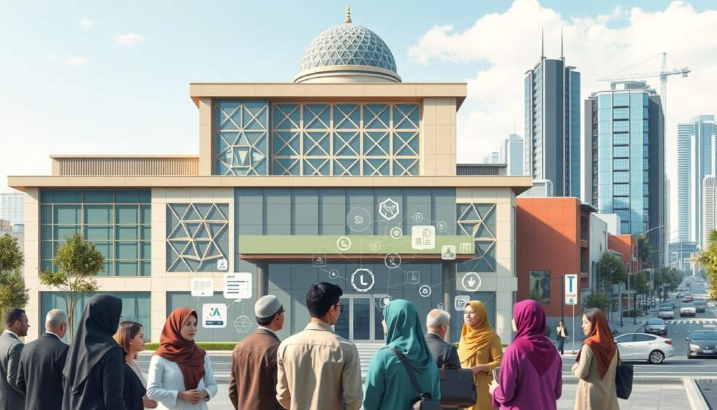 A modern, well-designed Islamic cooperative financial institution, its façade featuring a blend of traditional and contemporary architectural elements. The building's geometric patterns and calming color palette evoke a sense of balance and harmony. In the foreground, a group of diverse individuals - business owners, community members, and cooperative staff - engage in thoughtful discussion, their expressions conveying the challenges and opportunities facing this cooperative. The middle ground showcases the cooperative's services and products, depicted through abstract visual metaphors. In the background, a cityscape with towering skyscrapers and bustling streets, representing the broader economic and social context in which the cooperative operates.