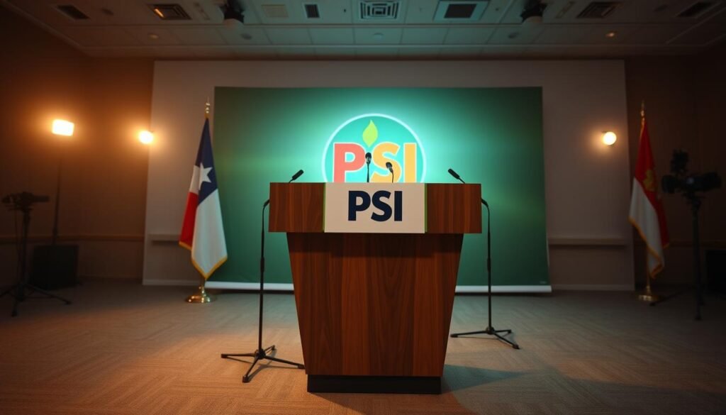 A press conference setting with a large, centrally-positioned podium adorned with the logo of the Political Party Solidarity (PSI). Behind the podium, a backdrop featuring the party's colors and design elements. Soft, warm lighting illuminates the scene, creating a professional and authoritative atmosphere. The camera angle is slightly elevated, capturing the podium and the surrounding environment in a balanced, symmetrical composition. The overall mood conveys a formal, factual, and transparent presentation of information regarding the PSI logo and its significance.
