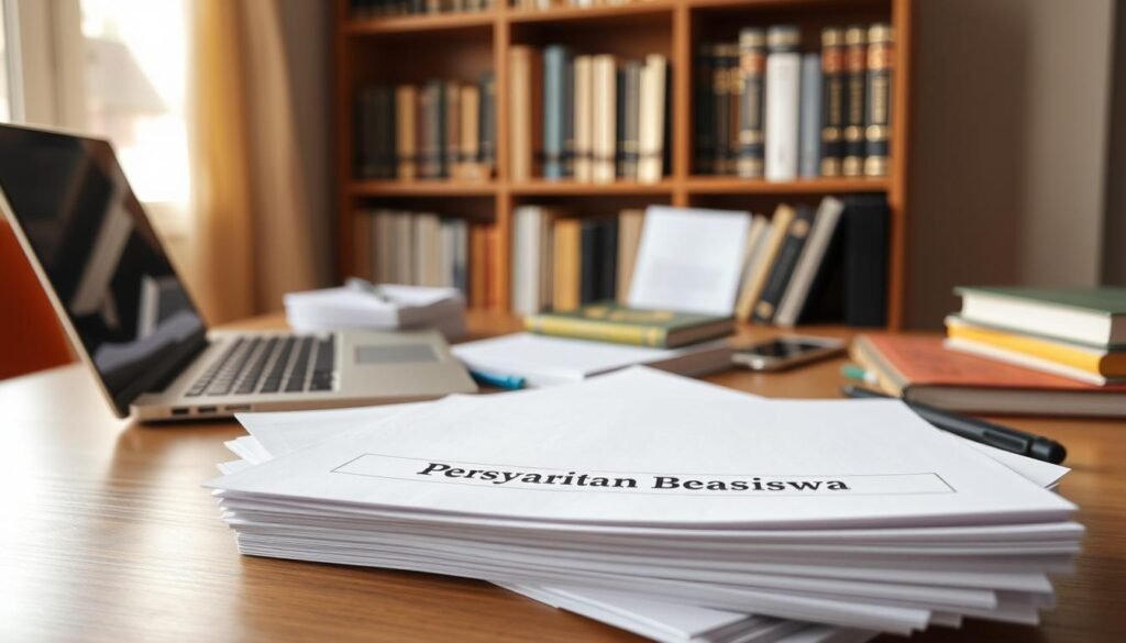 A serene and organized workspace with a laptop, textbooks, and stationery neatly arranged on a wooden desk. The lighting is soft and natural, casting a warm glow over the scene. In the foreground, a stack of documents labeled "Persyaratan Beasiswa" sits prominently, conveying the focus on scholarship requirements. The background features a bookshelf filled with academic references, suggesting an academic setting. The overall atmosphere is one of focus, diligence, and the pursuit of educational opportunities.