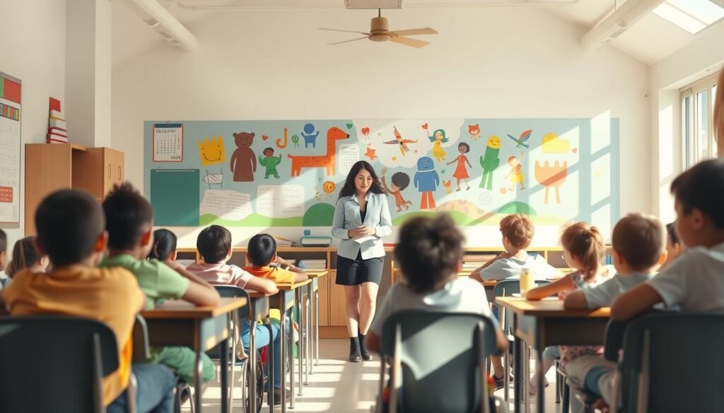 A serene, sun-dappled classroom scene with an inclusive, welcoming atmosphere. In the foreground, diverse students of all abilities sit together at desks, engaged in collaborative learning activities. The middle ground features a teacher guiding the students, embodying the principles of inclusive education - empathy, adaptability, and equity. The background showcases a vibrant, colorful mural depicting symbols of diversity, acceptance, and the joy of learning. Soft, diffused lighting creates a warm, nurturing environment, while the overall composition conveys a sense of harmony, progress, and the transformative power of inclusive practices.