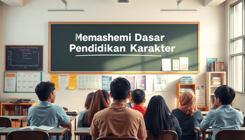 A serene, well-lit classroom setting with a chalkboard displaying the title "Memahami Konsep Dasar Pendidikan Karakter". In the foreground, a group of diverse students engrossed in group discussions, representing the core principles of character education. The middle ground features educational materials and resources, such as books, posters, and educational aids, symbolizing the foundational knowledge. The background showcases a warm, inviting atmosphere with natural lighting filtering through large windows, evoking a sense of intellectual engagement and personal growth. The overall composition conveys the importance of cultivating character development within an enriching educational environment.