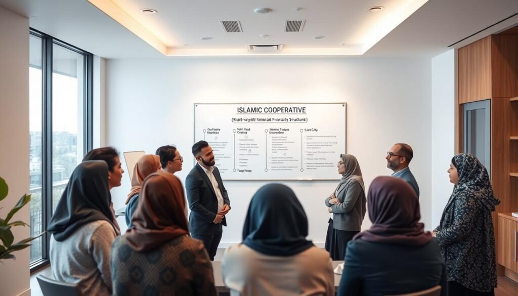 A serene, well-lit interior of a modern Islamic cooperative office. In the foreground, a group of diverse individuals engaged in a lively discussion, their expressions attentive and engaged. The middle ground features a large whiteboard displaying key information about sharia-compliant financial principles and cooperative structures. The background showcases a clean, minimalist design with large windows allowing natural light to flood the space, creating a sense of openness and transparency. The overall atmosphere conveys a spirit of education, collaboration, and adherence to Islamic financial values.