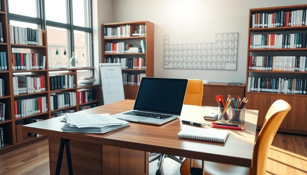 A sleek, modern study space with a wooden desk and chair, surrounded by bookshelves filled with chemistry textbooks and scientific journals. On the desk, a laptop, a stack of scholarship application forms, and a well-organized array of stationery items. The room is bathed in warm, natural lighting from large windows, creating a focused and productive atmosphere. In the background, a periodic table of elements hangs on the wall, hinting at the academic discipline of chemistry. The overall scene conveys a sense of academic excellence, diligence, and the pursuit of higher education through a chemistry scholarship.