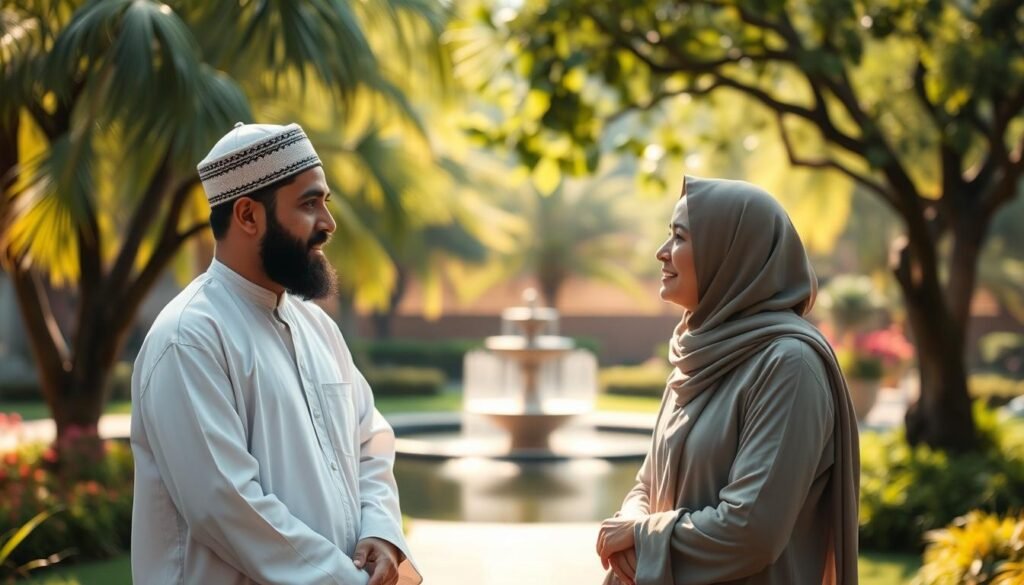 A tranquil scene set in a serene, sun-dappled garden. In the foreground, two individuals, one in traditional Islamic garb and the other in contemporary attire, engage in a thoughtful dialogue. Their expressions convey an air of mutual understanding and respect. The background features a lush, verdant landscape with swaying trees and a calming water feature. Soft, diffused lighting creates a warm, contemplative atmosphere, inviting the viewer to ponder the complex interplay between the principles of qisas (retributive justice) and the preservation of human rights.