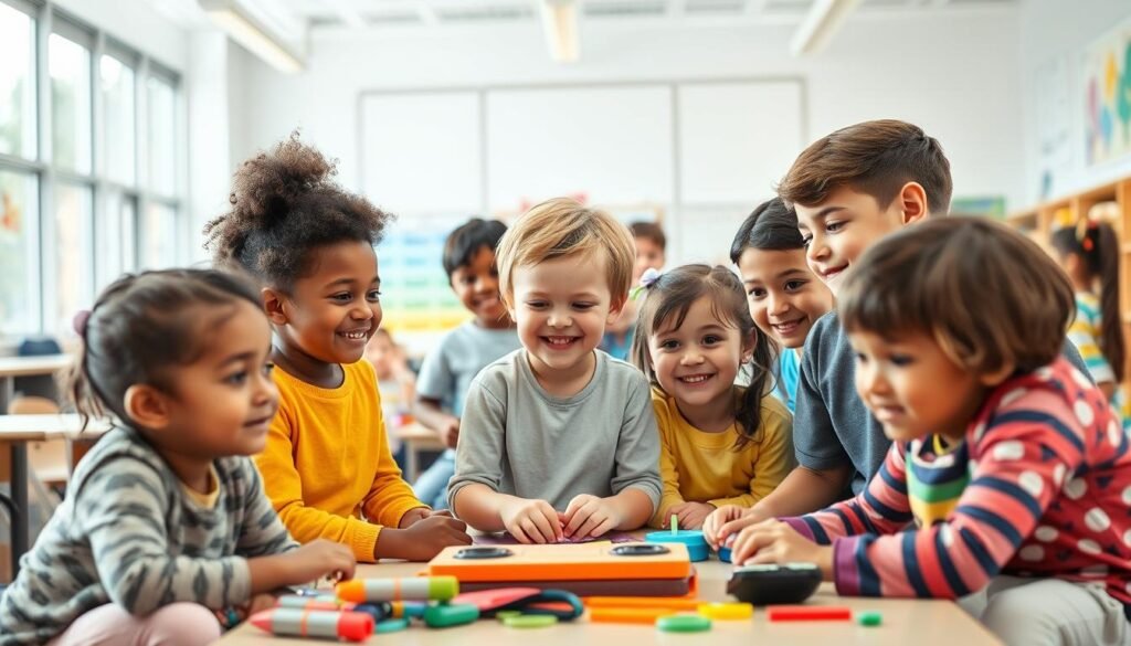 A vibrant and inclusive school setting, with a diverse group of students learning together in a warm and welcoming environment. The foreground features a mix of children of different ages, abilities, and backgrounds engaged in various educational activities, their faces filled with curiosity and joy. The middle ground showcases inclusive classroom tools and assistive technologies, seamlessly integrated into the learning process. In the background, a modern, well-equipped classroom with large windows allows natural light to flood the space, creating a sense of openness and possibility. The overall composition conveys a harmonious and equitable educational experience, where every child is empowered to reach their full potential.