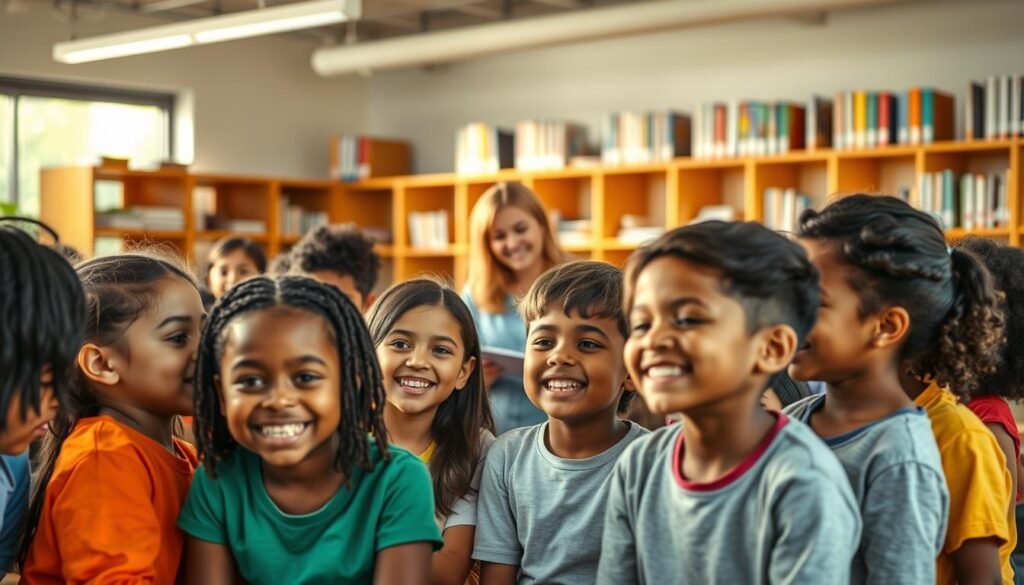A vibrant and inspiring scene of character education strategy implementation. In the foreground, a group of diverse students engaged in collaborative activities, their faces alight with enthusiasm and determination. In the middle ground, teachers guide and facilitate the learning process, using interactive teaching methods that foster character development. In the background, a modern, well-equipped classroom or school setting, with shelves of books and educational resources, symbolizing the comprehensive approach to character education. The lighting is warm and natural, creating a sense of positivity and growth. The overall composition conveys a harmonious and purposeful environment, where the nurturing of character is seamlessly integrated into the educational experience.