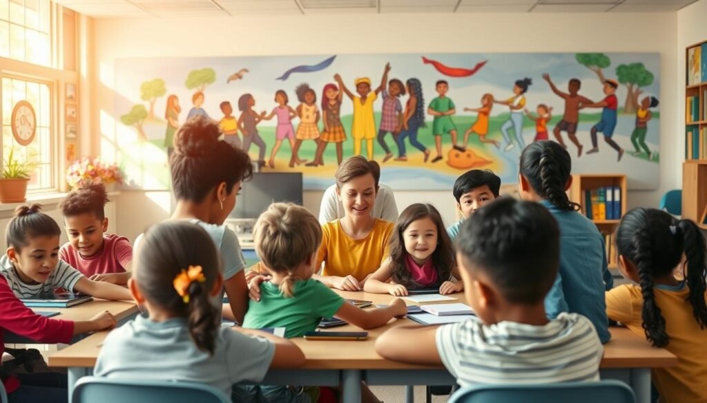 A vibrant classroom setting with an inclusive and welcoming atmosphere. In the foreground, a diverse group of students of varying ages and abilities engage in collaborative learning activities, each supported by an attentive teacher. The middle ground showcases assistive technologies and adaptive learning materials tailored to individual needs. In the background, a mural depicting unity, equality, and the celebration of diversity adorns the walls, bathed in warm, natural lighting that creates a sense of harmony and inclusion. The overall scene conveys the strategic implementation of inclusive education, where every student is empowered to reach their full potential.