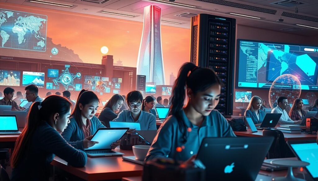 A vibrant digital landscape, with futuristic devices and screens interwoven throughout a classroom setting. In the foreground, a group of students and teachers engaged in collaborative learning, their faces illuminated by the glow of tablets and laptops. The middle ground features a mix of traditional and modern educational tools, from textbooks to holographic displays, symbolizing the ongoing transformation. In the background, a towering data tower, its sleek lines and pulsing lights, represents the technological backbone powering this digital evolution. Soft, warm lighting casts a sense of wonder and possibility, while subtle shadows suggest the challenges and obstacles that must be navigated in this new era of digitalized education.