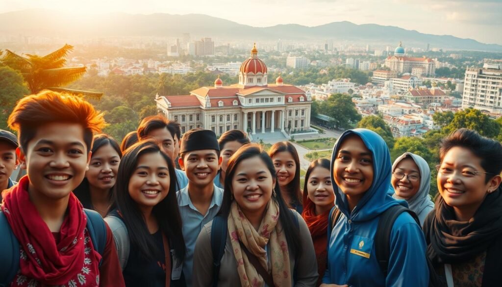A vibrant scene of a prestigious Indonesian educational scholarship program. In the foreground, a group of diverse students are gathered, their faces alight with hope and determination. In the middle ground, a stately university campus nestled amid lush greenery, its grand architecture conveying a sense of prestige and opportunity. In the background, a panoramic view of the bustling cityscape, symbolic of the wider societal impact of these transformative educational initiatives. Warm, golden lighting casts a glow over the entire scene, evoking a sense of optimism and empowerment. Captured through a wide-angle lens, the composition conveys the scale and importance of this transformative program, poised to shape the futures of Indonesia's brightest young minds.