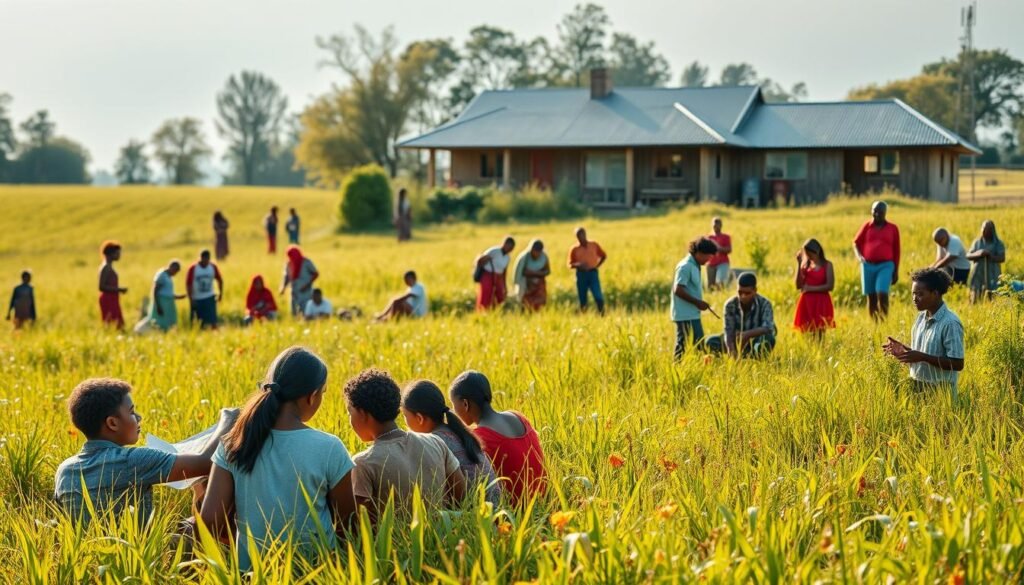 A vibrant, sun-dappled meadow stretches out, dotted with diverse individuals engaged in various educational activities. In the foreground, a group of students clustered around a teacher, discussing coursework intently. In the middle ground, others learn practical skills like carpentry and agriculture, their hands skillfully shaping wood and tending to crops. Farther back, a community center stands, its windows aglow with the warm light of learning. The scene radiates a sense of inclusivity, where every person has equal access to transformative knowledge and opportunities. Soft, diffused lighting casts a serene, hopeful atmosphere over the entire tableau, capturing the essence of equitable education.