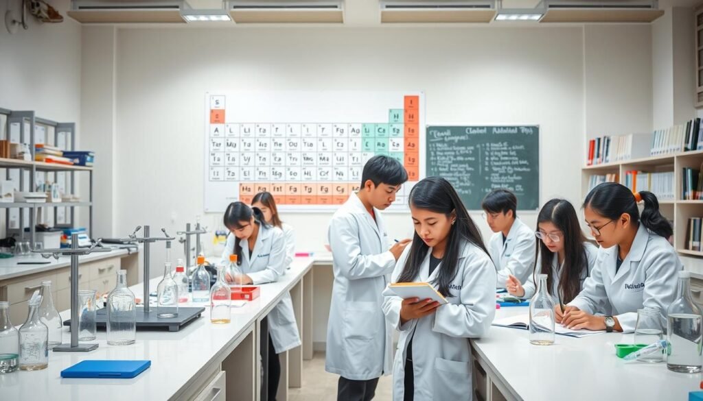 A vibrant, well-lit laboratory setting, with various scientific equipment and glassware prominently displayed on sleek, modern workbenches. In the foreground, a group of attentive students, dressed in white lab coats, carefully conducting experiments and taking notes. The background features a large periodic table of elements, a chalkboard filled with chemical equations, and shelves stocked with textbooks and reference materials. The overall atmosphere conveys a sense of intellectual curiosity, academic excellence, and the boundless opportunities that a chemistry scholarship can provide for motivated Indonesian students.