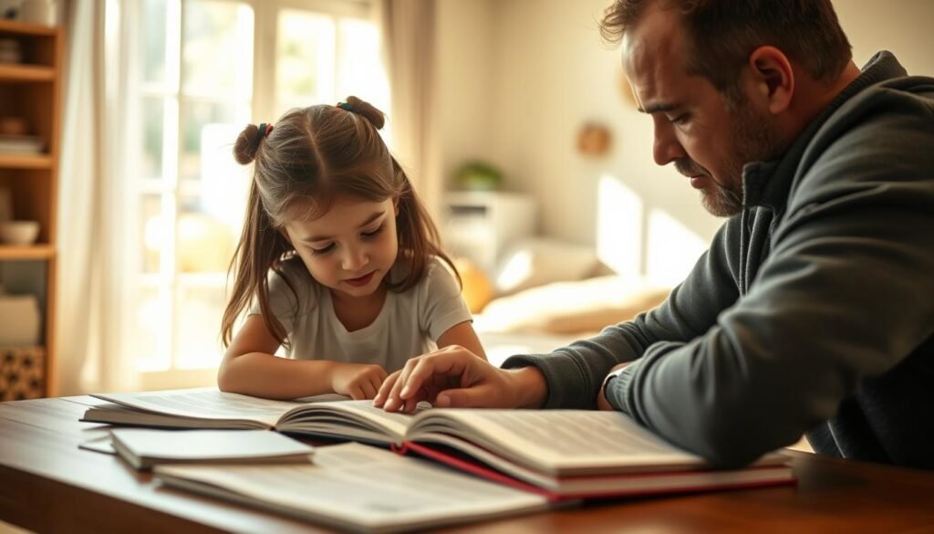 A warm, sun-dappled scene of a parent and child studying together. In the foreground, a father and young daughter sit at a wooden table, intently focused on the textbooks and papers spread before them. The girl's expression is one of deep concentration, her brow furrowed as she works through a problem. The father leans in, guiding her, his face radiating a sense of patient encouragement. Soft natural light filters through the windows, casting a gentle glow over the intimate moment. The background is a cozy, lived-in living room, hinting at a nurturing, familial environment. The overall mood is one of togetherness, learning, and the cherished bond between parent and child.