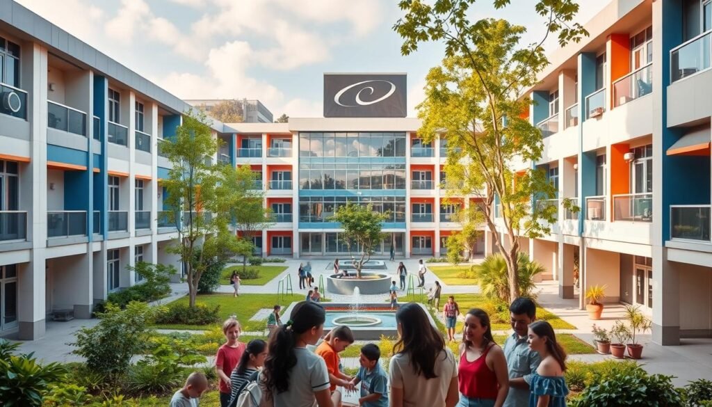 A well-designed school campus with a modern, inviting atmosphere. In the foreground, a group of students engaged in a collaborative learning activity, surrounded by vibrant greenery and colorful architectural elements. The middle ground showcases an open, airy courtyard with a central water feature, promoting a sense of calm and contemplation. In the background, the school's administrative building stands tall, its sleek, glass-paneled facade reflecting the sky and trees. Warm, natural lighting bathes the scene, creating a welcoming and nurturing environment that fosters educational excellence.