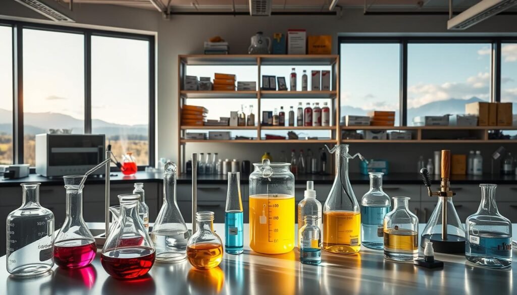 A well-lit, high-resolution image of a chemistry laboratory workbench. In the foreground, a variety of glassware and equipment used for practical chemistry demonstrations, such as beakers, test tubes, pipettes, and Bunsen burners. In the middle ground, shelves stocked with chemicals, safety equipment, and reference materials. The background features a large window overlooking a scenic outdoor landscape, with natural lighting illuminating the space. The overall mood is one of a professional, well-equipped educational setting, conducive to interactive and engaging chemistry demonstrations.