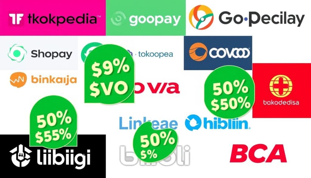 Berbagai logo platform e-commerce dan layanan finansial yang menawarkan promo cashback di Indonesia