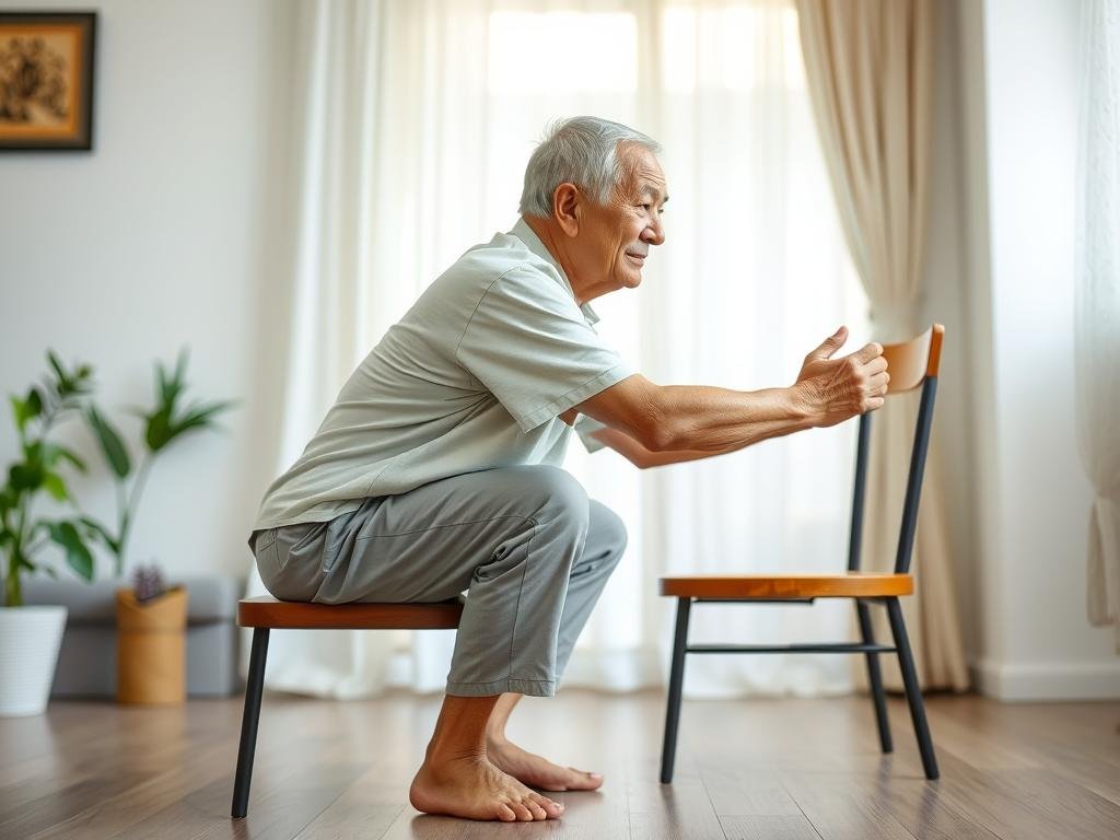 Lansia melakukan latihan squat dengan bantuan kursi untuk menjaga kekuatan kaki Lansia melakukan latihan squat dengan bantuan kursi untuk menjaga kekuatan kaki