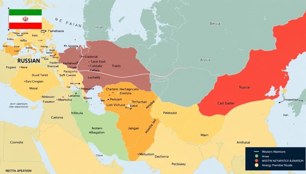 Peta geopolitik menunjukkan pengaruh Kerjasama Rusia-Iran terhadap keseimbangan kekuatan di Timur Tengah Peta geopolitik menunjukkan pengaruh Kerjasama Rusia-Iran terhadap keseimbangan kekuatan di Timur Tengah