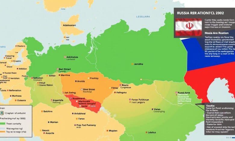 Peta historis hubungan Rusia-Iran sejak era Uni Soviet hingga kini, menunjukkan Kerjasama Rusia-Iran dalam konteks geopolitik