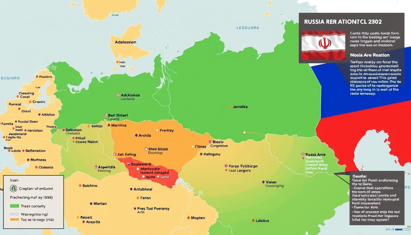 Peta historis hubungan Rusia-Iran sejak era Uni Soviet hingga kini, menunjukkan Kerjasama Rusia-Iran dalam konteks geopolitik