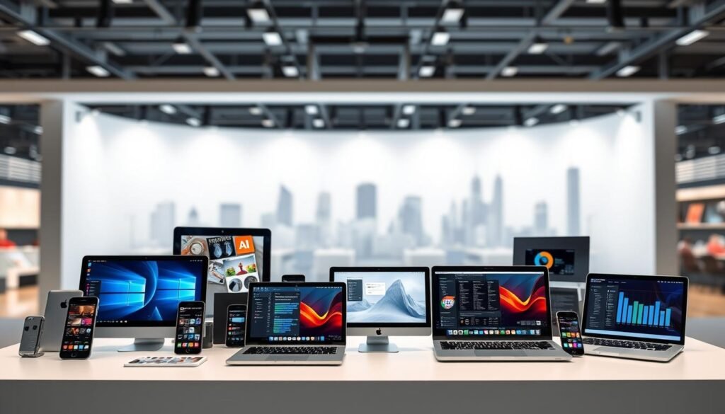 A modern, minimalist digital product display showcasing a variety of software, apps, and online services. In the foreground, an arrangement of sleek, high-quality digital devices such as smartphones, tablets, and laptops, each displaying vibrant digital content. The middle ground features a clean, white backdrop, with soft, directional lighting accentuating the products. In the background, a blurred, out-of-focus cityscape suggests a bustling digital marketplace. The overall mood is one of professionalism, innovation, and the vast potential of the digital product landscape.