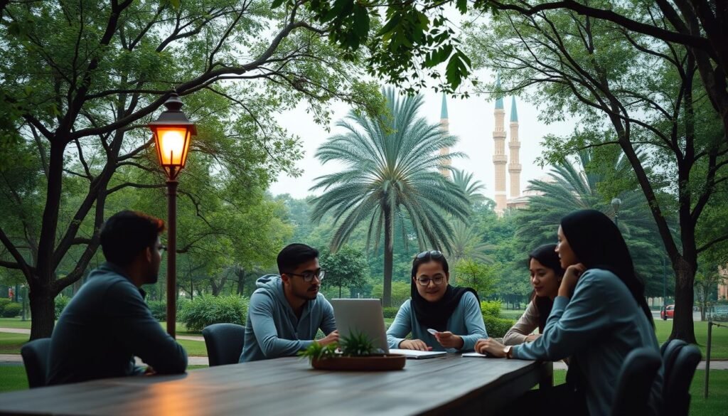 A serene Islamic university campus set against a backdrop of lush greenery. In the foreground, a group of students gathered around a wooden table, engaged in lively discussion, their faces lit by the warm glow of a nearby lamp. The scene exudes a sense of intellectual curiosity and community, with the university's iconic minarets visible in the distance, symbolizing the pursuit of Islamic knowledge. The lighting is soft and diffused, creating a contemplative atmosphere, while the angle captures the scene from a slightly elevated perspective, lending a sense of depth and grandeur to the composition.