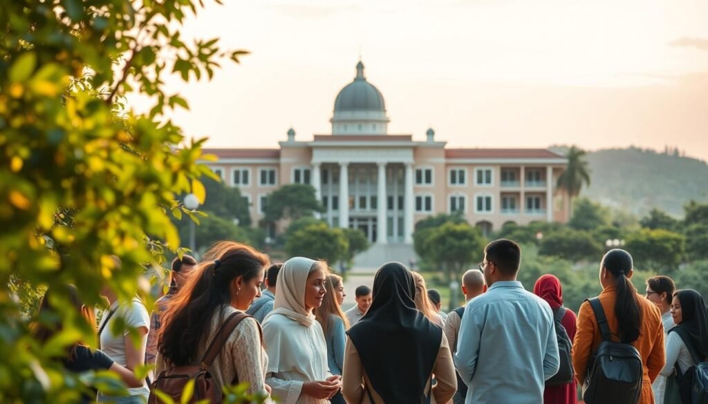 A serene and balanced learning environment, illuminated by warm, natural lighting. In the foreground, students of diverse backgrounds engaged in thoughtful discussions, embodying the principles of moderation and inclusivity. The middle ground showcases an elegant, modern educational institution, its architecture reflecting harmony and balance. In the background, lush greenery and a tranquil sky, symbolizing the peace and harmony inherent in the Wasathiyah system. The scene conveys a sense of intellectual and spiritual growth, where students are nurtured to become well-rounded individuals, equipped to navigate the complexities of the modern world.