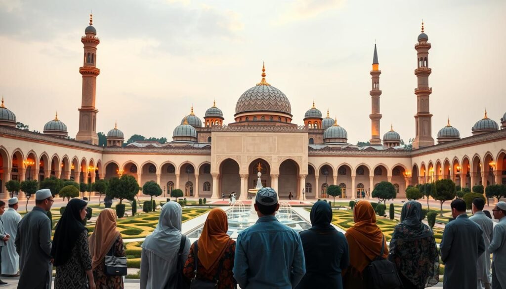A serene and inspirational Islamic academic scene. In the foreground, a group of diverse students in traditional and modern attire, engaged in thoughtful discussion against a backdrop of an ornate, domed Islamic architecture. The middle ground features a manicured courtyard with ornamental gardens and fountains, conveying a sense of tranquility. In the background, towering minarets and domes rise majestically, their intricate patterns casting elegant shadows. Warm, golden lighting illuminates the scene, evoking a feeling of spiritual enlightenment. The overall atmosphere is one of intellectual and religious harmony, reflecting the essence of Islamic education scholarships.