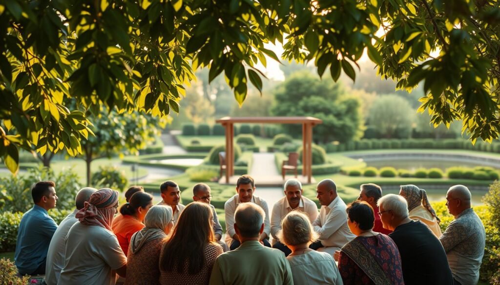 A serene community gathering, illuminated by warm natural light filtering through lush, verdant foliage. In the foreground, a diverse group of people sit in a circle, engaging in thoughtful discussion, their faces radiating an atmosphere of mutual understanding and respect. The middle ground showcases a simple, yet elegant pavilion structure, its design reflecting the principles of balance and moderation. In the background, a tranquil garden landscape unfolds, with a meandering path leading towards a tranquil pond, symbolizing the harmonious coexistence of the community. The overall scene conveys a sense of harmony, tolerance, and the practical application of the Wasathiyah (moderation) ethos within this vibrant, inclusive community.