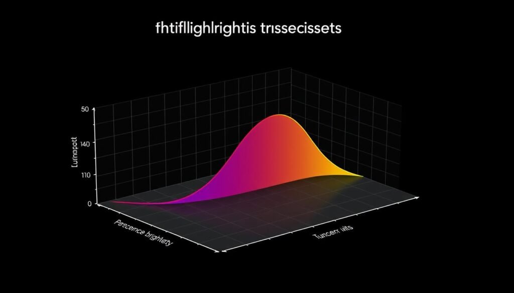 A detailed 3D chart showcasing the optimal brightness response curve, with a central focus on the relationship between nits and percentage of screen brightness. The chart features a sleek, minimalist design with a dark background, allowing the luminance data to stand out prominently. Subtle grid lines provide context, while the curve itself is rendered in a vibrant, eye-catching color. The overall composition conveys a sense of precision, technical sophistication, and a focus on the nuanced interplay between brightness metrics.