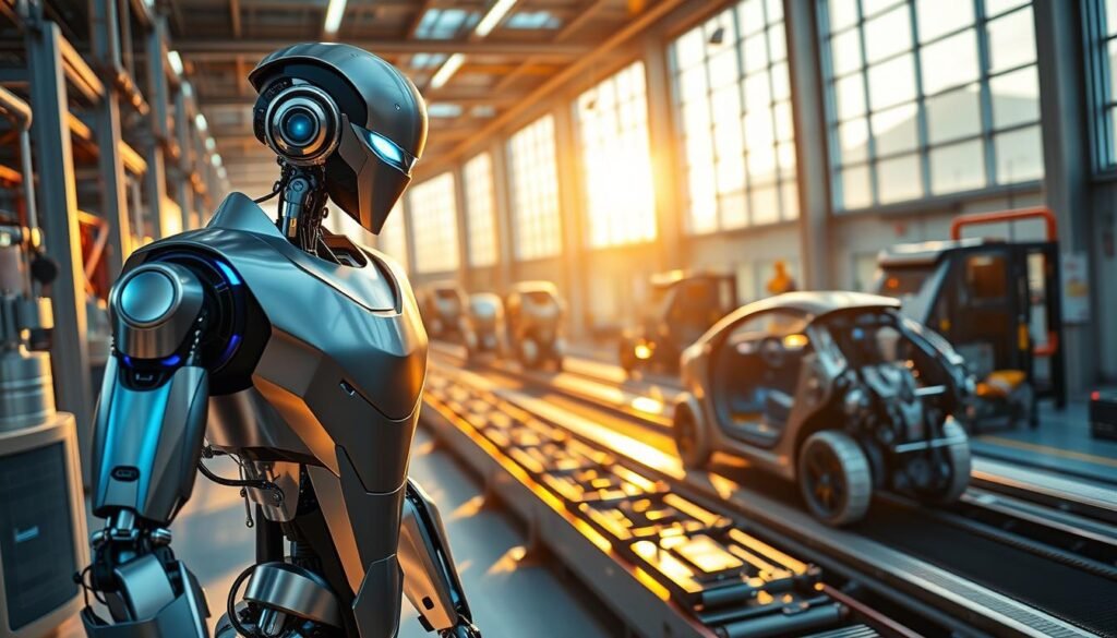 A futuristic Tesla factory setting with Optimus, a humanoid robot, as the central figure. The robot stands tall, showcasing sleek metallic features, with blue and silver accents. Its eyes emit a soft glow, reflecting advanced AI technology. In the foreground, Optimus is engaged in assembling electric vehicle components, demonstrating its dexterity and precision. The middle ground features high-tech machinery and conveyor belts, emphasizing a busy production environment. The background reveals large factory windows with warm sunlight streaming in, creating a vibrant and optimistic atmosphere. The scene is captured with a wide-angle lens, enhancing the depth while soft shadows play across the floor, contributing to a dynamic yet professional mood. A futuristic Tesla factory setting with Optimus, a humanoid robot, as the central figure. The robot stands tall, showcasing sleek metallic features, with blue and silver accents. Its eyes emit a soft glow, reflecting advanced AI technology. In the foreground, Optimus is engaged in assembling electric vehicle components, demonstrating its dexterity and precision. The middle ground features high-tech machinery and conveyor belts, emphasizing a busy production environment. The background reveals large factory windows with warm sunlight streaming in, creating a vibrant and optimistic atmosphere. The scene is captured with a wide-angle lens, enhancing the depth while soft shadows play across the floor, contributing to a dynamic yet professional mood.