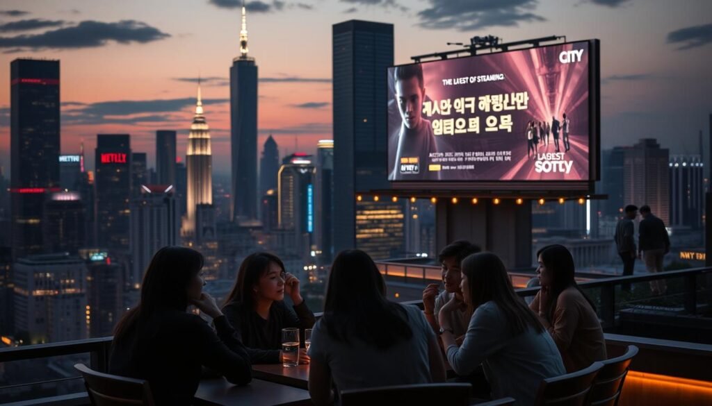 A sprawling cityscape at dusk, neon lights reflecting off sleek skyscrapers. In the foreground, a group of young adults gather around a cozy cafe, deep in conversation. The mood is pensive, contemplative, as they discuss their favorite Korean drama series, gesturing animatedly. Warm lighting bathes the scene, creating a sense of intimacy and belonging. In the background, a towering billboard advertises the latest streaming platform, its catalog of films and shows spanning genres from action-packed thrillers to heartwarming documentaries. The composition is balanced, drawing the viewer's eye to the central characters and the world they inhabit. A sprawling cityscape at dusk, neon lights reflecting off sleek skyscrapers. In the foreground, a group of young adults gather around a cozy cafe, deep in conversation. The mood is pensive, contemplative, as they discuss their favorite Korean drama series, gesturing animatedly. Warm lighting bathes the scene, creating a sense of intimacy and belonging. In the background, a towering billboard advertises the latest streaming platform, its catalog of films and shows spanning genres from action-packed thrillers to heartwarming documentaries. The composition is balanced, drawing the viewer's eye to the central characters and the world they inhabit.