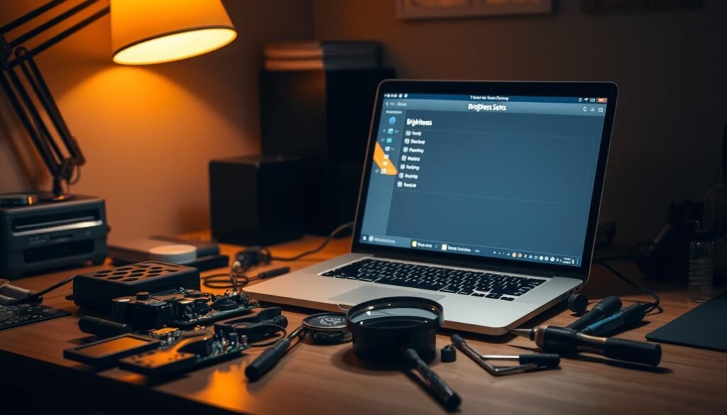 A well-lit desk workspace with a laptop, various tools, and an array of electronic components. The laptop screen displays a troubleshooting interface, highlighting brightness settings. Warm ambient lighting from a desk lamp casts a soft glow, creating a contemplative atmosphere. A magnifying glass, screwdrivers, and other troubleshooting tools are neatly arranged, suggesting a methodical approach to the task at hand. The overall scene conveys a sense of focused problem-solving, with the goal of optimizing the device's brightness for optimal visibility and usability.