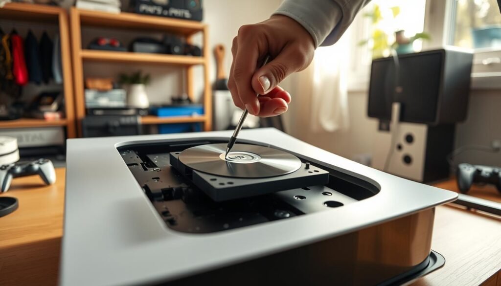 A close-up view of a PS5 Digital Edition console, focusing on a technician's hands carefully removing the disc drive. The technician, dressed in a professional outfit, holds a screwdriver, emphasizing precision and care. The background features a well-lit workspace with gaming accessories and tools neatly organized. Soft daylight streaming through a nearby window adds warmth to the scene, creating an inviting yet professional atmosphere. The angle captures the action from slightly above, highlighting the intricate details of the disc drive removal process. The overall mood is technical and focused, showcasing the importance of safety and caution in handling delicate electronic components. A close-up view of a PS5 Digital Edition console, focusing on a technician's hands carefully removing the disc drive. The technician, dressed in a professional outfit, holds a screwdriver, emphasizing precision and care. The background features a well-lit workspace with gaming accessories and tools neatly organized. Soft daylight streaming through a nearby window adds warmth to the scene, creating an inviting yet professional atmosphere. The angle captures the action from slightly above, highlighting the intricate details of the disc drive removal process. The overall mood is technical and focused, showcasing the importance of safety and caution in handling delicate electronic components.