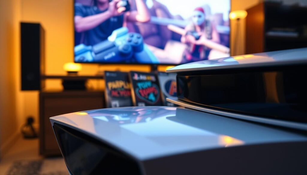 A close-up view of a PlayStation 5 with a disc drive prominently placed alongside the console, highlighting the sleek, modern design and glossy finish. The foreground features the PS5 console with its distinctive curves, illuminated softly by ambient lighting that creates a warm, inviting atmosphere. In the middle, display a few game discs arranged neatly, showcasing their vibrant covers, resting on a stylish gaming shelf. In the background, a cozy gaming setup is visible, with a high-definition monitor reflecting a faint glow, creating a sense of depth and focus on the PS5. The image should be taken from a slightly angled perspective to enhance the three-dimensional aspect, evoking excitement and clarity about the device's functionality. A close-up view of a PlayStation 5 with a disc drive prominently placed alongside the console, highlighting the sleek, modern design and glossy finish. The foreground features the PS5 console with its distinctive curves, illuminated softly by ambient lighting that creates a warm, inviting atmosphere. In the middle, display a few game discs arranged neatly, showcasing their vibrant covers, resting on a stylish gaming shelf. In the background, a cozy gaming setup is visible, with a high-definition monitor reflecting a faint glow, creating a sense of depth and focus on the PS5. The image should be taken from a slightly angled perspective to enhance the three-dimensional aspect, evoking excitement and clarity about the device's functionality.