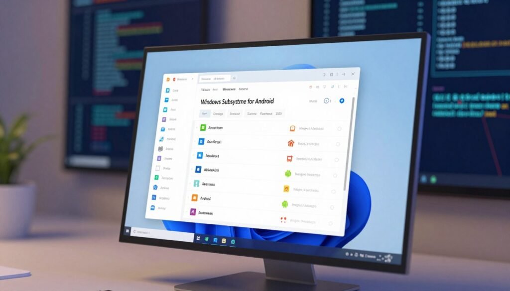 A detailed digital workspace showing a computer screen focused on "Windows Subsystem for Android" settings within a Windows 11 environment. In the foreground, the screen displays a vivid and well-organized folder structure with icons representing various Android apps alongside system files. The middle ground features a sleek, modern desktop setup with a minimalist aesthetic, highlighting a Windows 11 taskbar. The background is softly blurred, showing abstract representations of digital coding and connectivity, evoking a tech-savvy atmosphere. Soft, ambient lighting illuminates the scene, creating an innovative and inviting mood. The perspective is angled slightly above the screen, allowing for a comprehensive view of the interface while maintaining clarity and focus on the subject matter.