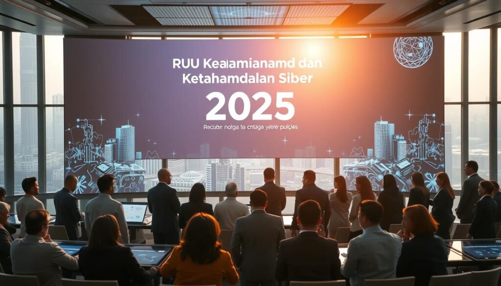A futuristic conference room featuring a large digital display showcasing the title "RUU Keamanan dan Ketahanan Siber 2025." In the foreground, a diverse group of professional individuals in business attire, engaged in a discussion, representing various demographics, including men and women of different ethnicities. The middle ground reveals modern technology such as touchscreen tables and cybersecurity-related imagery. The background includes a large window with a cityscape of Jakarta, bathed in soft, natural light during golden hour, creating an optimistic atmosphere. The overall mood is one of innovation and urgency in cybersecurity, emphasizing a breakthrough in policies to combat large-scale cyber threats. The scene captures the synergy between technology and human collaboration. A futuristic conference room featuring a large digital display showcasing the title "RUU Keamanan dan Ketahanan Siber 2025." In the foreground, a diverse group of professional individuals in business attire, engaged in a discussion, representing various demographics, including men and women of different ethnicities. The middle ground reveals modern technology such as touchscreen tables and cybersecurity-related imagery. The background includes a large window with a cityscape of Jakarta, bathed in soft, natural light during golden hour, creating an optimistic atmosphere. The overall mood is one of innovation and urgency in cybersecurity, emphasizing a breakthrough in policies to combat large-scale cyber threats. The scene captures the synergy between technology and human collaboration.