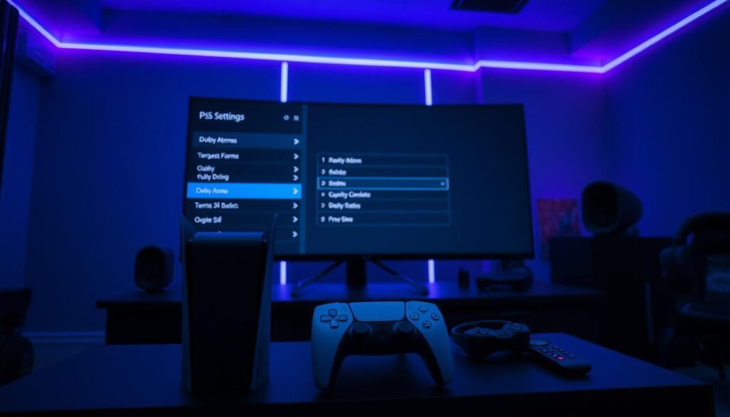 A modern gaming setup featuring a PlayStation 5 console prominently displayed on a sleek, black entertainment unit. In the foreground, a dual-screen monitor setup shows the PS5 audio settings menu, with options for Dolby Atmos and Tempest 3D AudioTech highlighted. In the middle ground, various gaming accessories like a high-quality headset and a remote control are neatly arranged. The background features a stylish, dimly lit room with ambient LED lights in blue and purple hues, casting a futuristic atmosphere. Soft shadows enhance the depth of the scene, while focused lighting illuminates the screen, creating a dynamic and immersive gaming environment. A modern gaming setup featuring a PlayStation 5 console prominently displayed on a sleek, black entertainment unit. In the foreground, a dual-screen monitor setup shows the PS5 audio settings menu, with options for Dolby Atmos and Tempest 3D AudioTech highlighted. In the middle ground, various gaming accessories like a high-quality headset and a remote control are neatly arranged. The background features a stylish, dimly lit room with ambient LED lights in blue and purple hues, casting a futuristic atmosphere. Soft shadows enhance the depth of the scene, while focused lighting illuminates the screen, creating a dynamic and immersive gaming environment.
