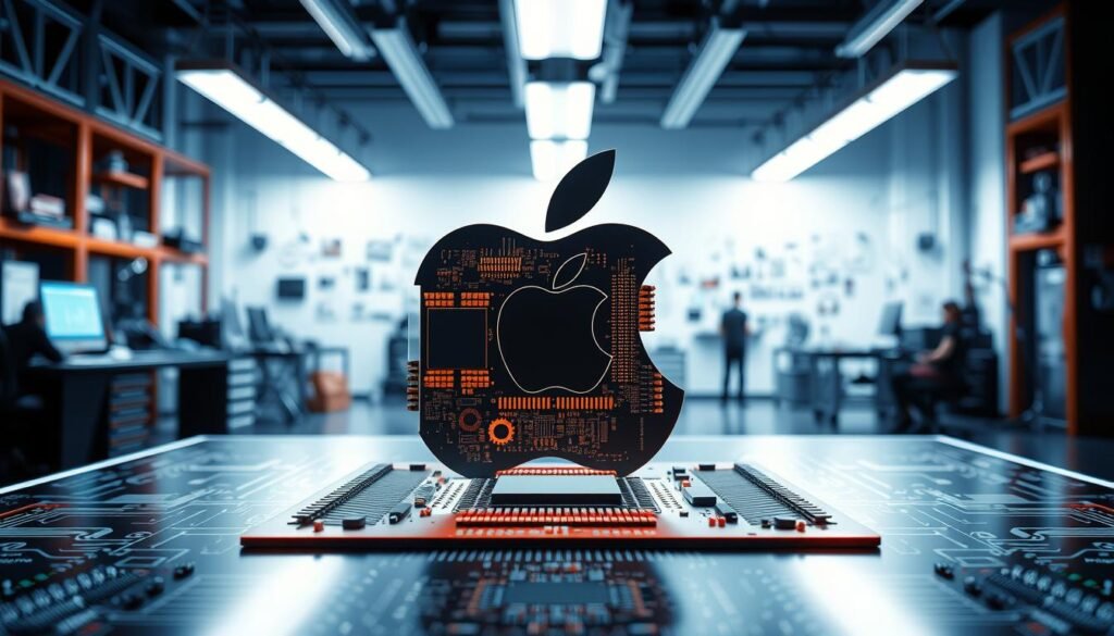 A sleek and modern depiction of an Apple chip architecture, showcasing its intricate design and components. In the foreground, a close-up view highlights the chip's circuitry and silicon elements, revealing the precision of its engineering. The middle layer features a well-lit workstation filled with high-tech tools, circuit boards, and schematics, showcasing the meticulous design process. In the background, soft blue lighting creates a futuristic atmosphere while emphasizing efficiency. The overall mood is innovative and professional, capturing Apple's commitment to energy efficiency in mobile chip design. The image should avoid any human figures or branding, focusing solely on the architecture of the chip itself, presented elegantly without any distractions.