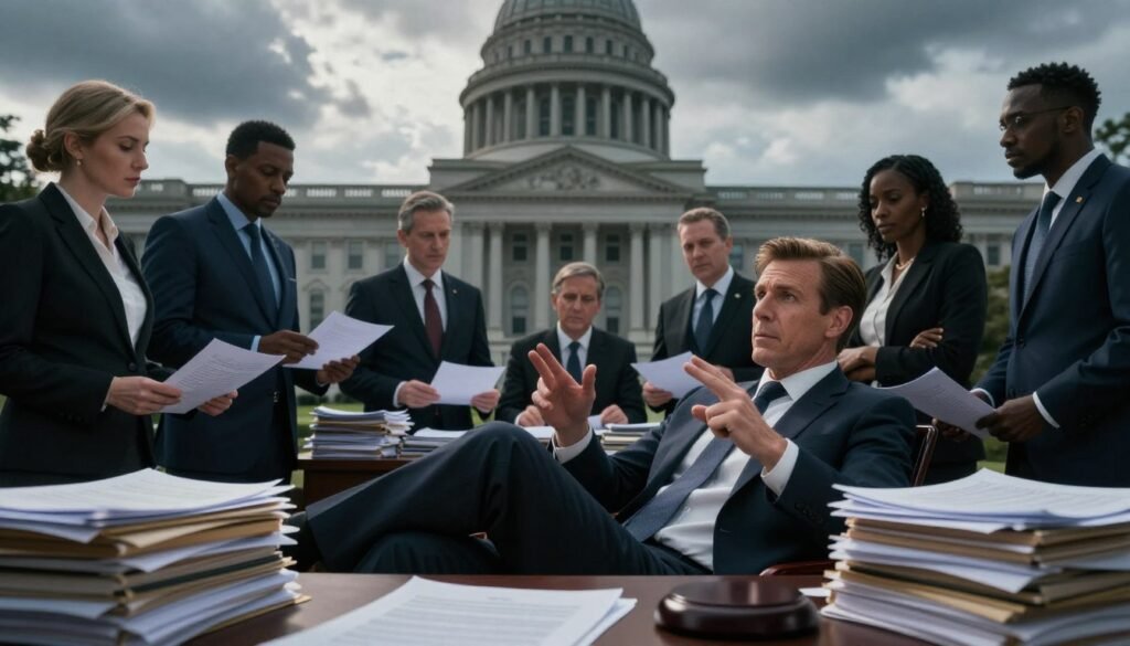 A tense political scene depicting a clever politician elegantly navigating legal obstacles. In the foreground, a confident politician in a tailored dark suit is gesturing assertively, surrounded by stacks of legal documents symbolizing evidence, but appearing relaxed. The middle ground features a diverse group of serious-looking advisors in professional attire, engaged in intense discussion, analyzing documents and strategizing. In the background, a grand, historic government building looms under a cloudy sky, casting dramatic shadows. The lighting is moody yet focused, highlighting the politician’s facial expressions with a soft spotlight effect. The overall atmosphere reflects tension, strategy, and the intricate dance to evade political punishment, emphasizing a nuanced understanding of legal maneuvering in a sophisticated environment.